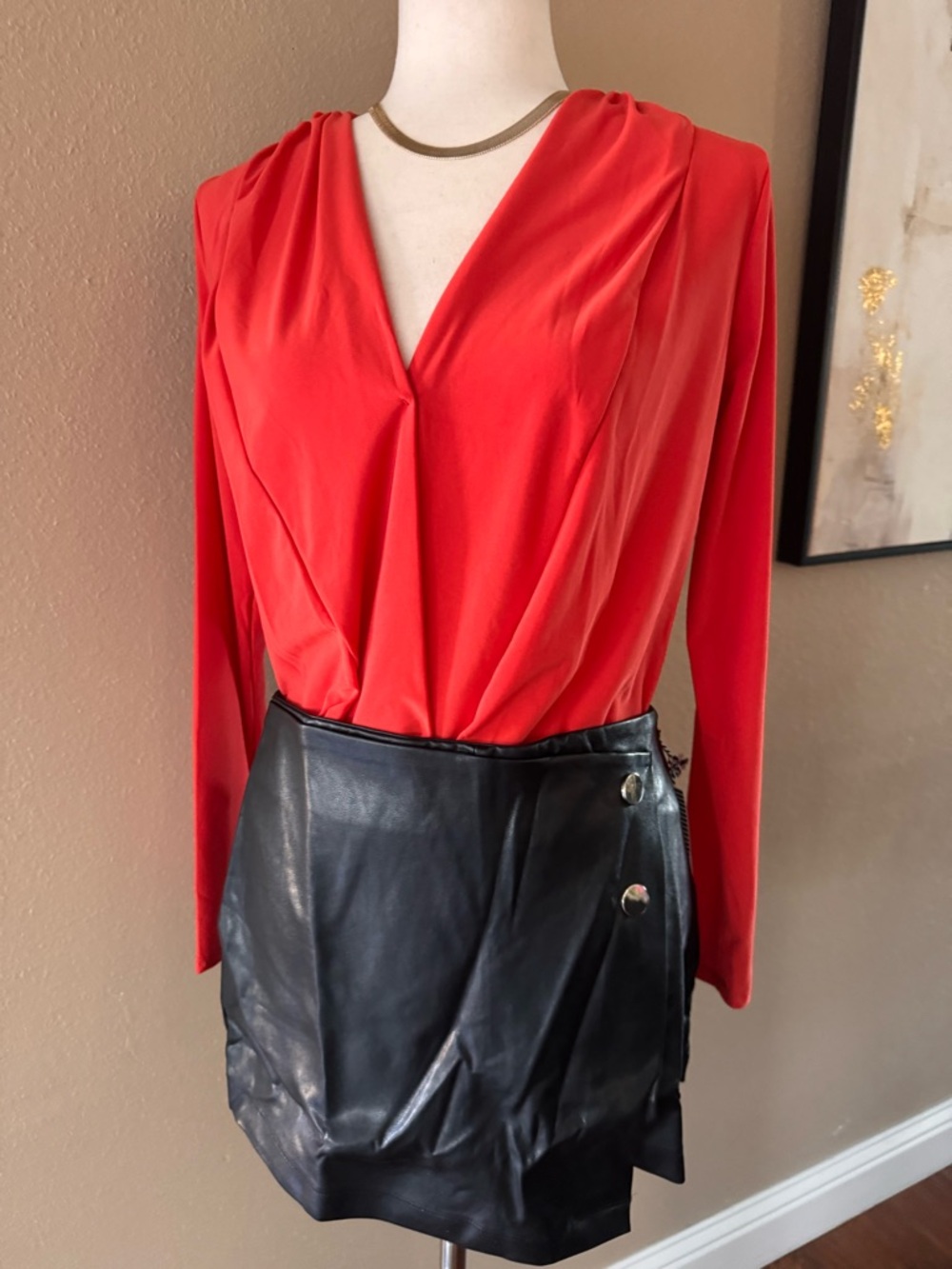 V-Neck Long Sleeve Wrap Bodysuit in Coral Red - Picture 12 of 12